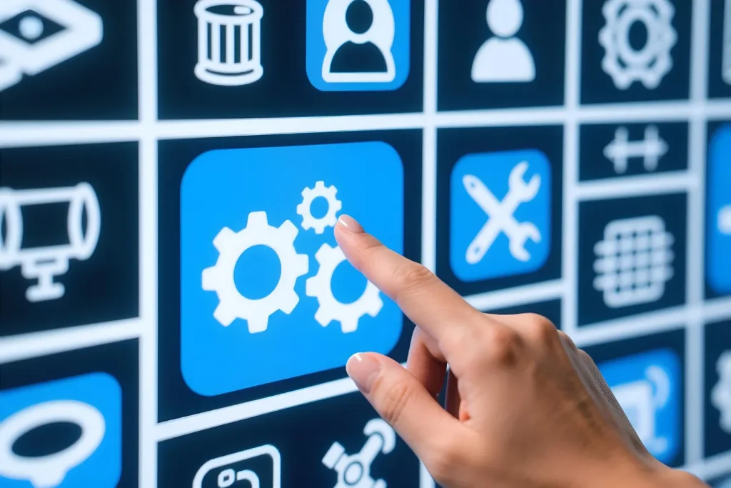 Como Montar um Plano de Manutenção de TI para Pequenas Empresas: Mão apontando para um ícone de engrenagens e configuração em uma interface com vários símbolos de tecnologia e manutenção, sugerindo organização de TI.